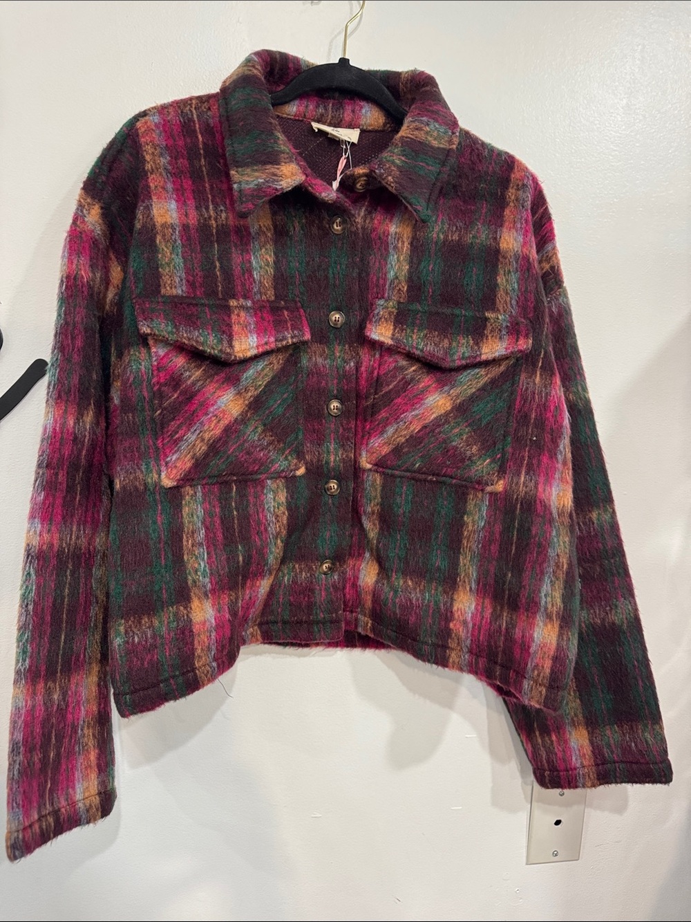 entro Brushed Plaid Utility Jacket in Burgundy, Green & Pink